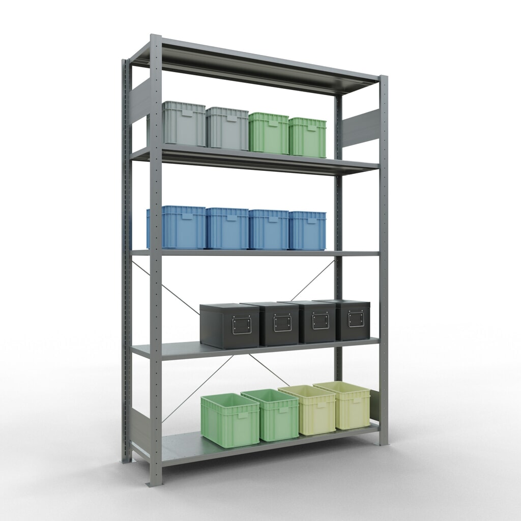 Número de imagen del producto 3: Estantería de cargas pequeñas SCHULTE galvanizada con 5 estantes de chapa de acero, carga por estante 150 kg, HxAxF 2.000 x 1.360 x 436 mm
