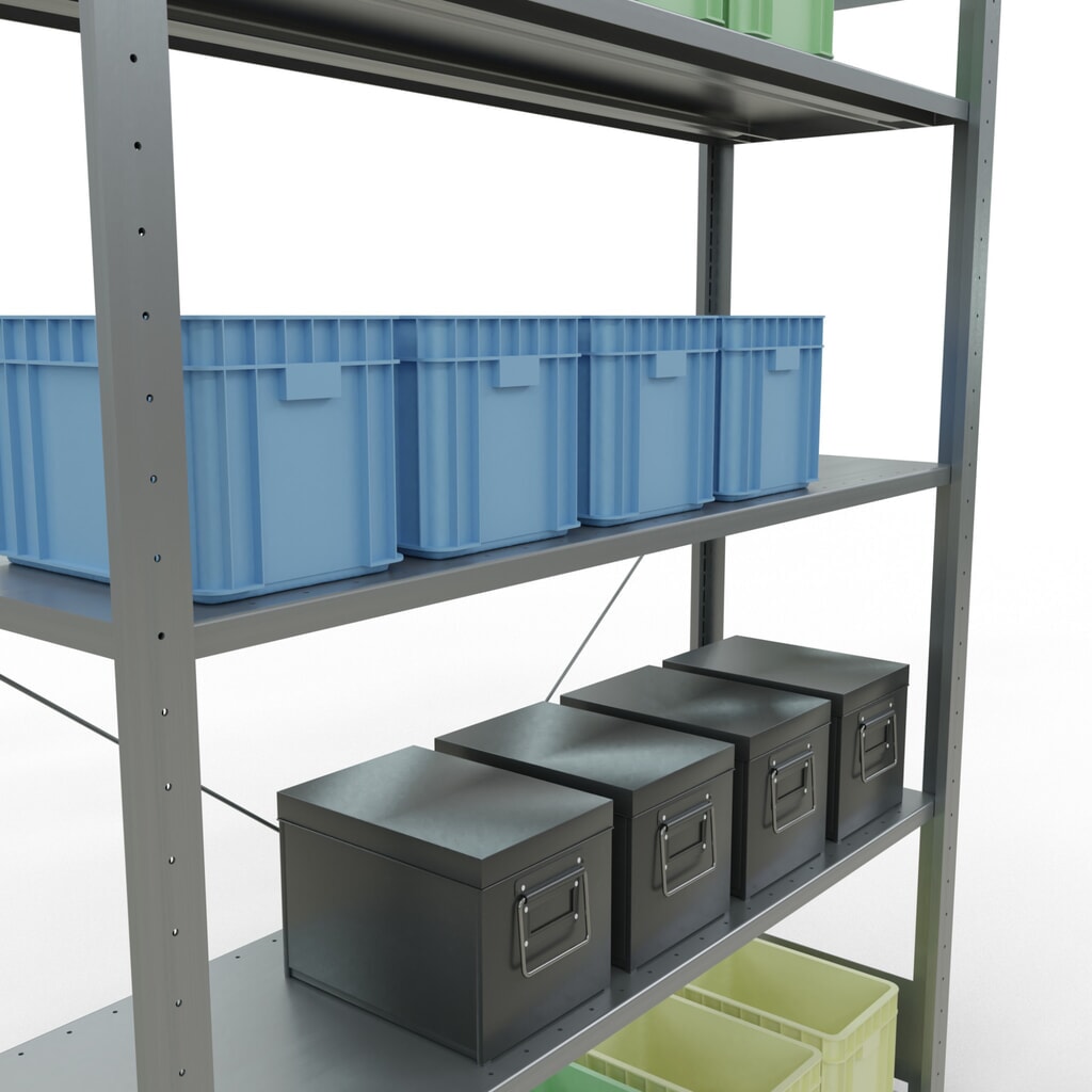 Número de imagen del producto 4: Estantería de cargas pequeñas SCHULTE galvanizada con 5 estantes de chapa de acero, carga por estante 150 kg, HxAxF 2.000 x 1.360 x 436 mm