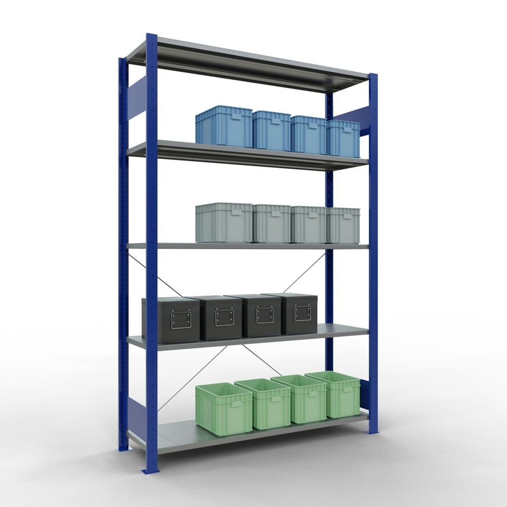 Número de imagen del producto 3: Estantería de cargas pequeñas SCHULTE azul genciana/galvanizada con 5 estantes de chapa de acero, carga por estante 150 kg, HxAxF 2.000 x 1.360 x 436 mm