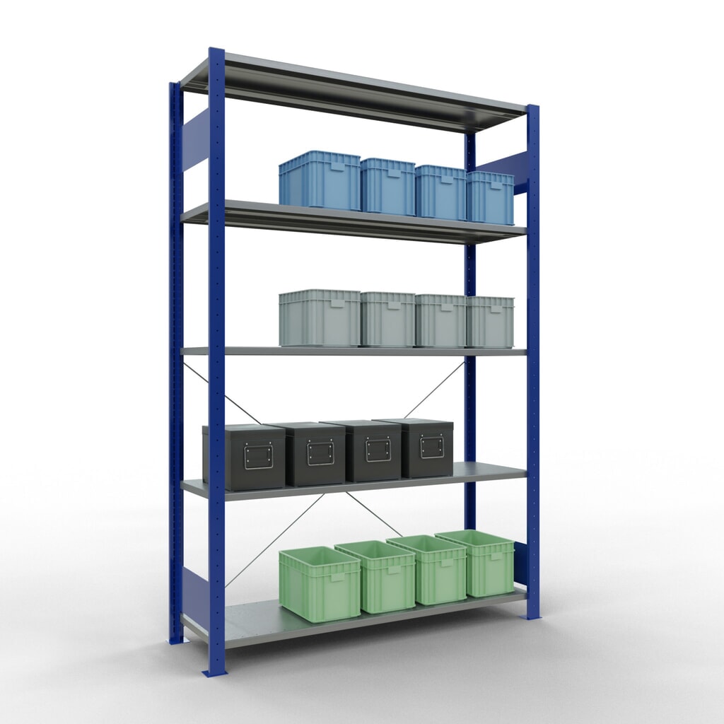 Número de imagen del producto 3: Estantería de cargas pequeñas SCHULTE azul genciana/galvanizada con 5 estantes de chapa de acero, carga por estante 150 kg, HxAxF 2.000 x 1.360 x 436 mm