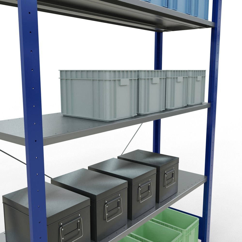 Número de imagen del producto 4: Estantería de cargas pequeñas SCHULTE azul genciana/galvanizada con 5 estantes de chapa de acero, carga por estante 150 kg, HxAxF 2.000 x 1.360 x 436 mm