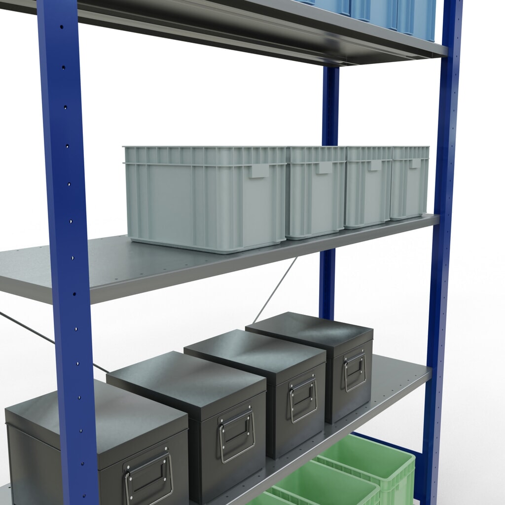 Estantería de cargas pequeñas SCHULTE azul genciana/galvanizada con 5 estantes de chapa de acero, carga por estante 150 kg, HxAxF 2.000 x 1.360 x 436 mm Número de imagen del producto 4: Estantería de cargas pequeñas SCHULTE azul genciana/galvanizada con 5 estantes de chapa de acero, carga por estante 150 kg, HxAxF 2.000 x 1.360 x 436 mm