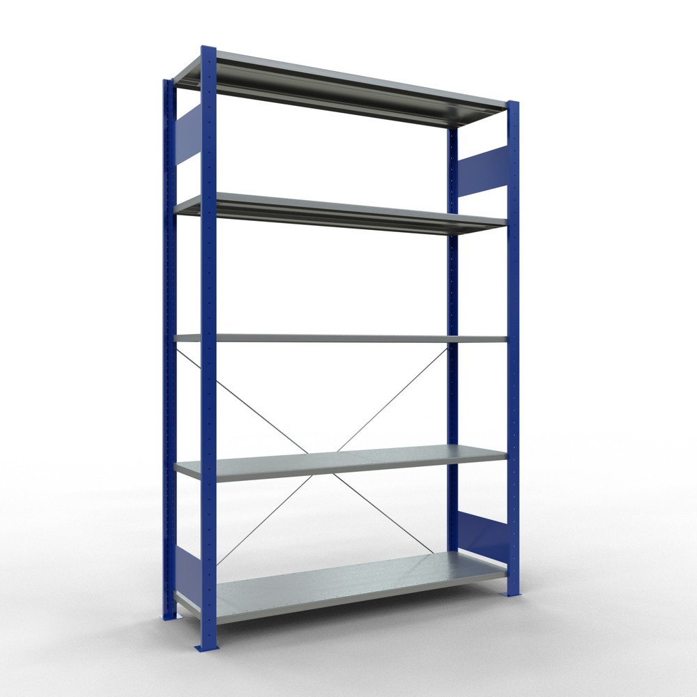 Imagen del producto: Estantería de cargas pequeñas SCHULTE azul genciana/galvanizada con 5 estantes de chapa de acero, carga por estante 150 kg, HxAxF 2.000 x 1.360 x 436 mm