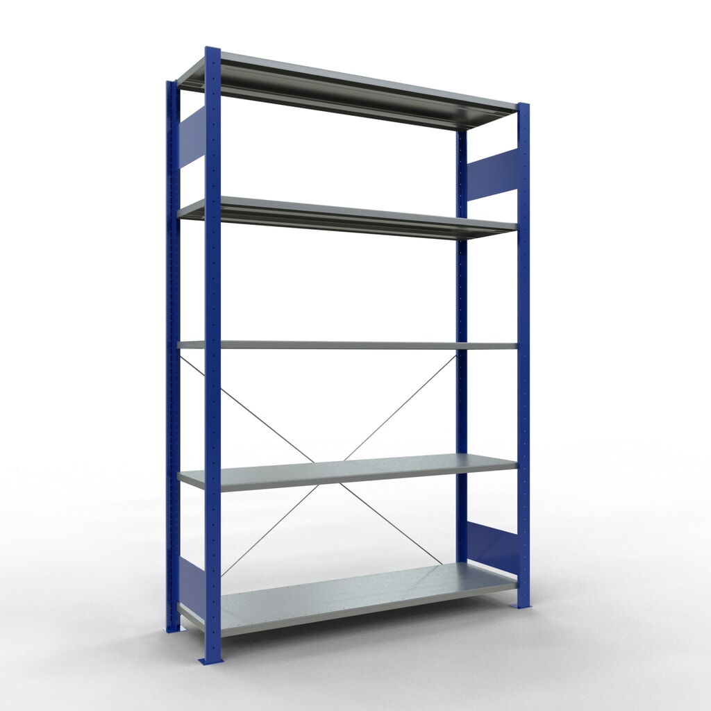 Imagen del producto: Estantería de cargas pequeñas SCHULTE azul genciana/galvanizada con 5 estantes de chapa de acero, carga por estante 150 kg, HxAxF 2.000 x 1.360 x 436 mm