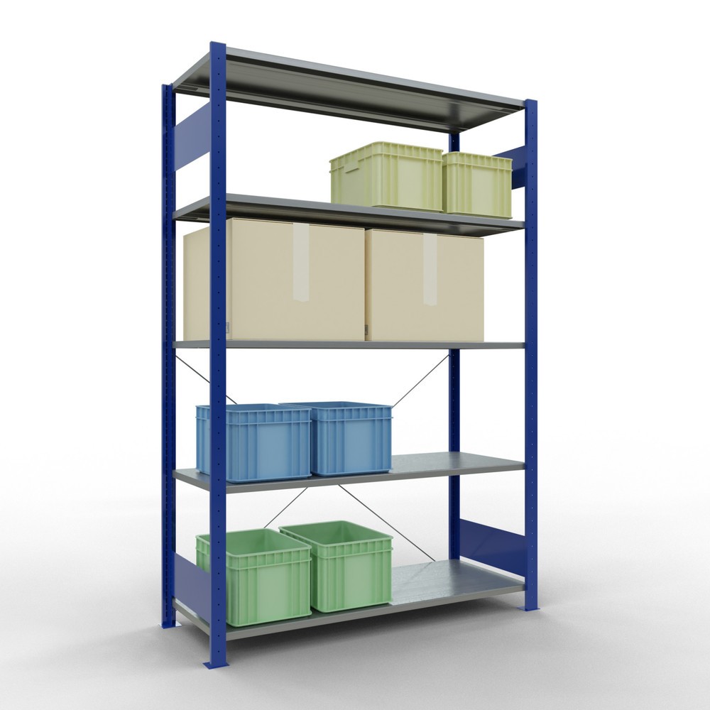Número de imagen del producto 3: Estantería de cargas pequeñas SCHULTE azul genciana/galvanizada con 5 estantes de chapa de acero, carga por estante 150 kg, HxAxF 2.000 x 1.360 x 536 mm
