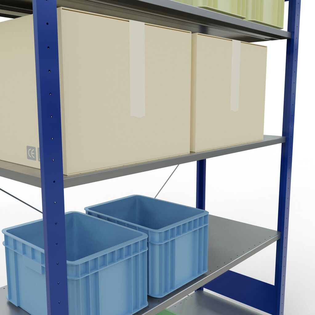 Estantería de cargas pequeñas SCHULTE azul genciana/galvanizada con 5 estantes de chapa de acero, carga por estante 150 kg, HxAxF 2.000 x 1.360 x 536 mm Número de imagen del producto 4: Estantería de cargas pequeñas SCHULTE azul genciana/galvanizada con 5 estantes de chapa de acero, carga por estante 150 kg, HxAxF 2.000 x 1.360 x 536 mm