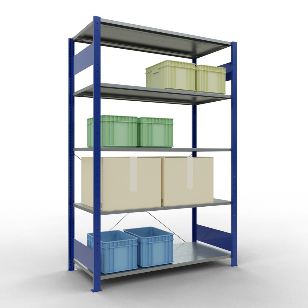 Número de imagen del producto 3: Estantería de cargas pequeñas SCHULTE azul genciana/galvanizada con 5 estantes de chapa de acero, carga por estante 150 kg, HxAxF 2.000 x 1.360 x 636 mm