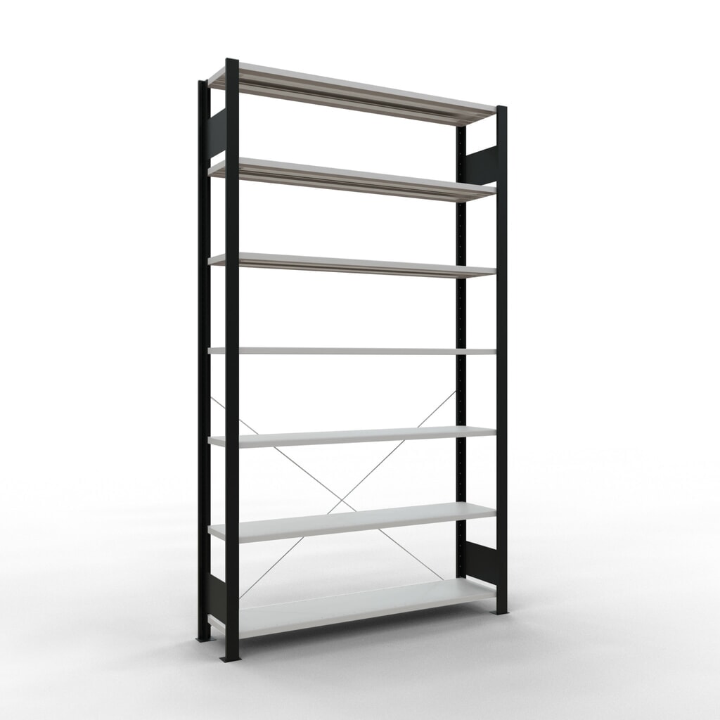 estantería para archivo SCHULTE módulo inicial, de una cara, sin topes, carga por estante 85 kg, negro, alto H x An x F 2,300 x 1300 x 300 mm Imagen del producto: estantería para archivo SCHULTE módulo inicial, de una cara, sin topes, carga por estante 85 kg, negro, alto H x An x F 2,300 x 1300 x 300 mm