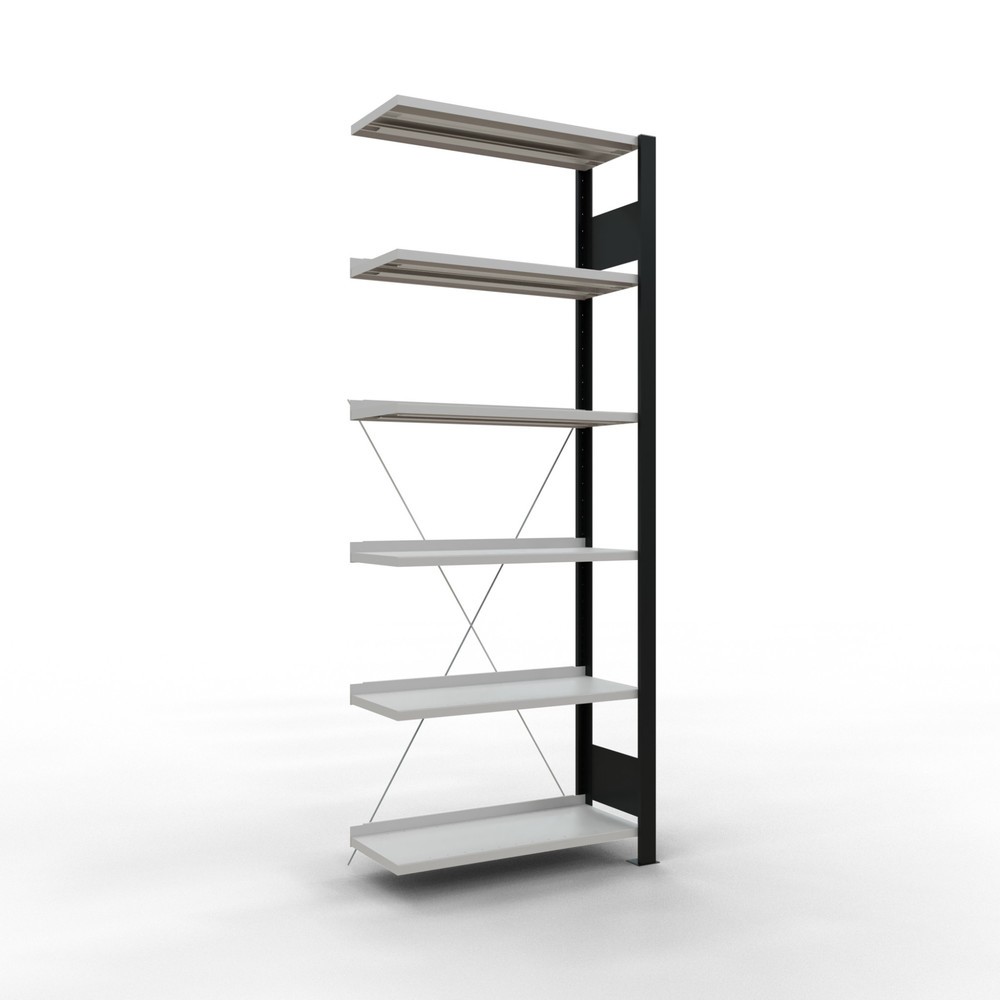 Imagen del producto: Estantería para archivo SCHULTE módulo adicional, unilateral, con topes finales, carga por estante 85 kg, negro, Al x An x F 2.000 x 750 x 300 mm