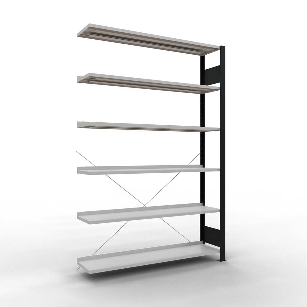 Imagen del producto: Estantería para archivo SCHULTE módulo adicional, unilateral, con topes finales, carga por estante 85 kg, negro, Al x An x F 2.000 x 1.300 x 300 mm