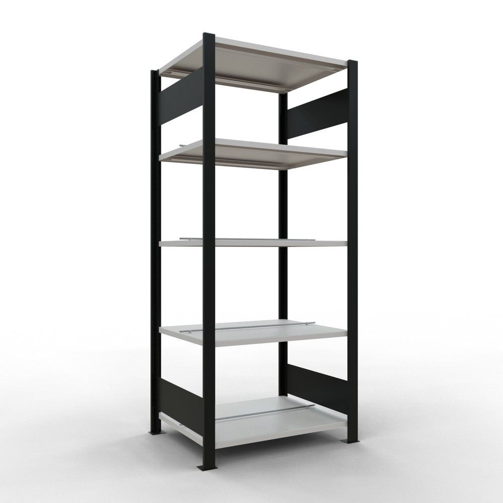 Imagen del producto: estantería para archivo módulo inicial SCHULTE, doble cara, con topes centrales, carga por estante 150 kg, negro, alto H x An x F 1.800 x 750 x 600 mm
