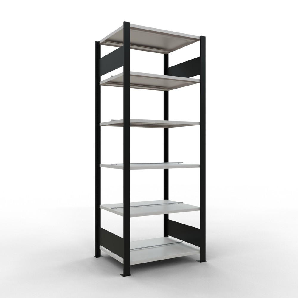 Imagen del producto: estantería para archivo módulo inicial SCHULTE, doble cara, con topes centrales, carga por estante 150 kg,, negro, alto H x An x F 2.000 x 750 x 600 mm