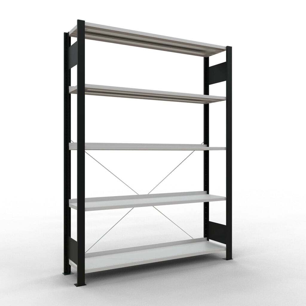 Imagen del producto: Estantería para archivo SCHULTE módulo inicial, unilateral, con topes finales, carga por estante 85 kg, negro, Al x An x F 1.800 x 1.300 x 300 mm
