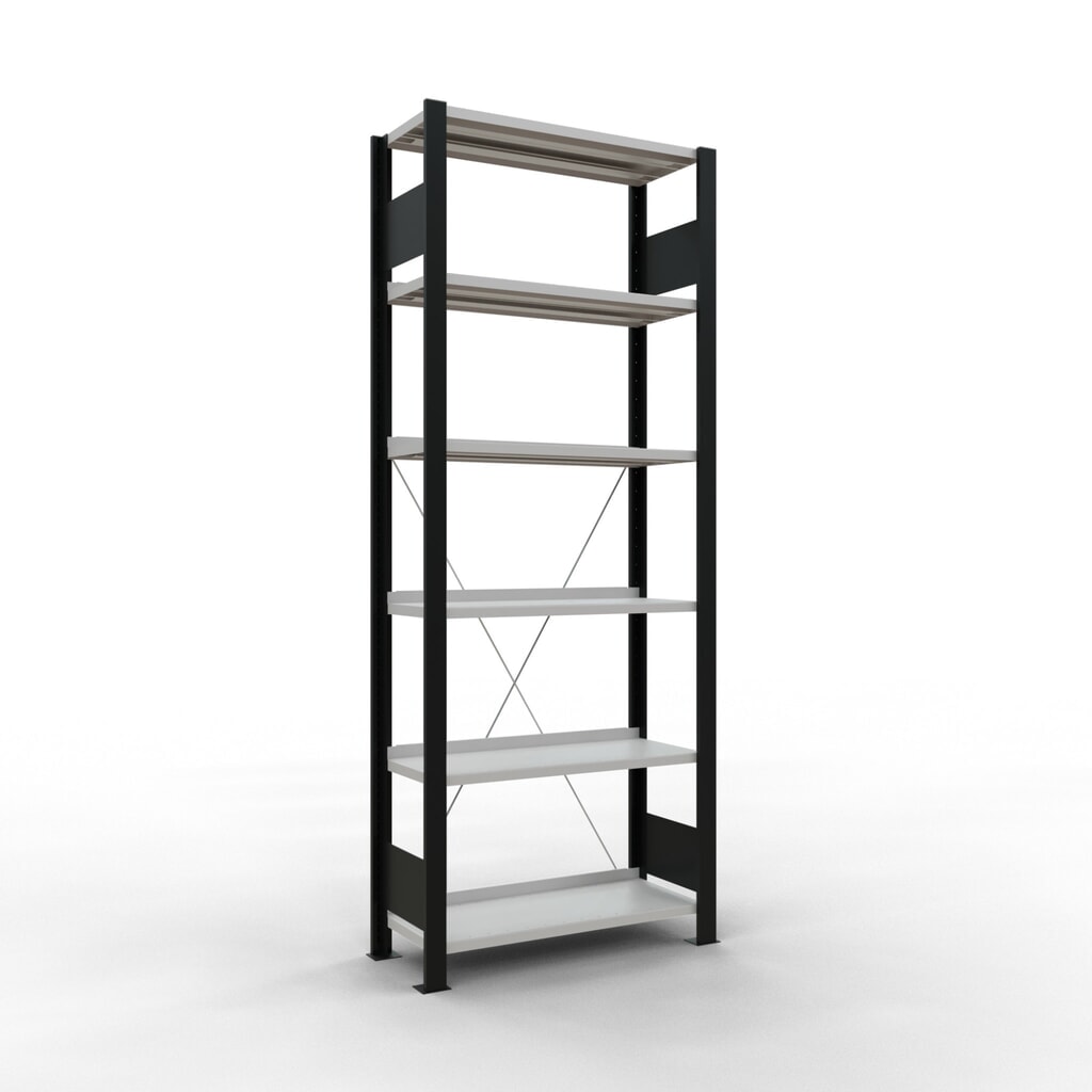 Número de imagen del producto 1: Estantería para archivo SCHULTE módulo inicial, unilateral, con topes finales, carga por estante 85 kg, negro, Al x An x F 2.000 x 750 x 300 mm