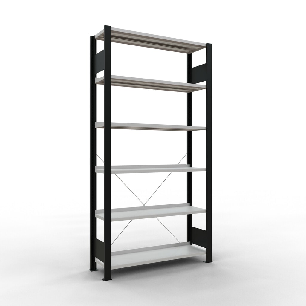 Imagen del producto: Estantería para archivo SCHULTE módulo inicial, unilateral, con topes finales, carga por estante 85 kg, negro, Al x An x F 2.000 x 1.000 x 300 mm