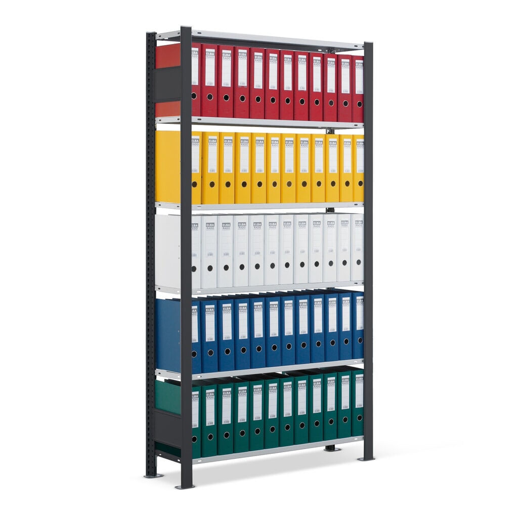 Imagen del producto: Estantería para archivo SCHULTE módulo inicial, unilateral, con topes finales, carga por estante 85 kg, negro, Al x An x F 2.300 x 750 x 300 mm