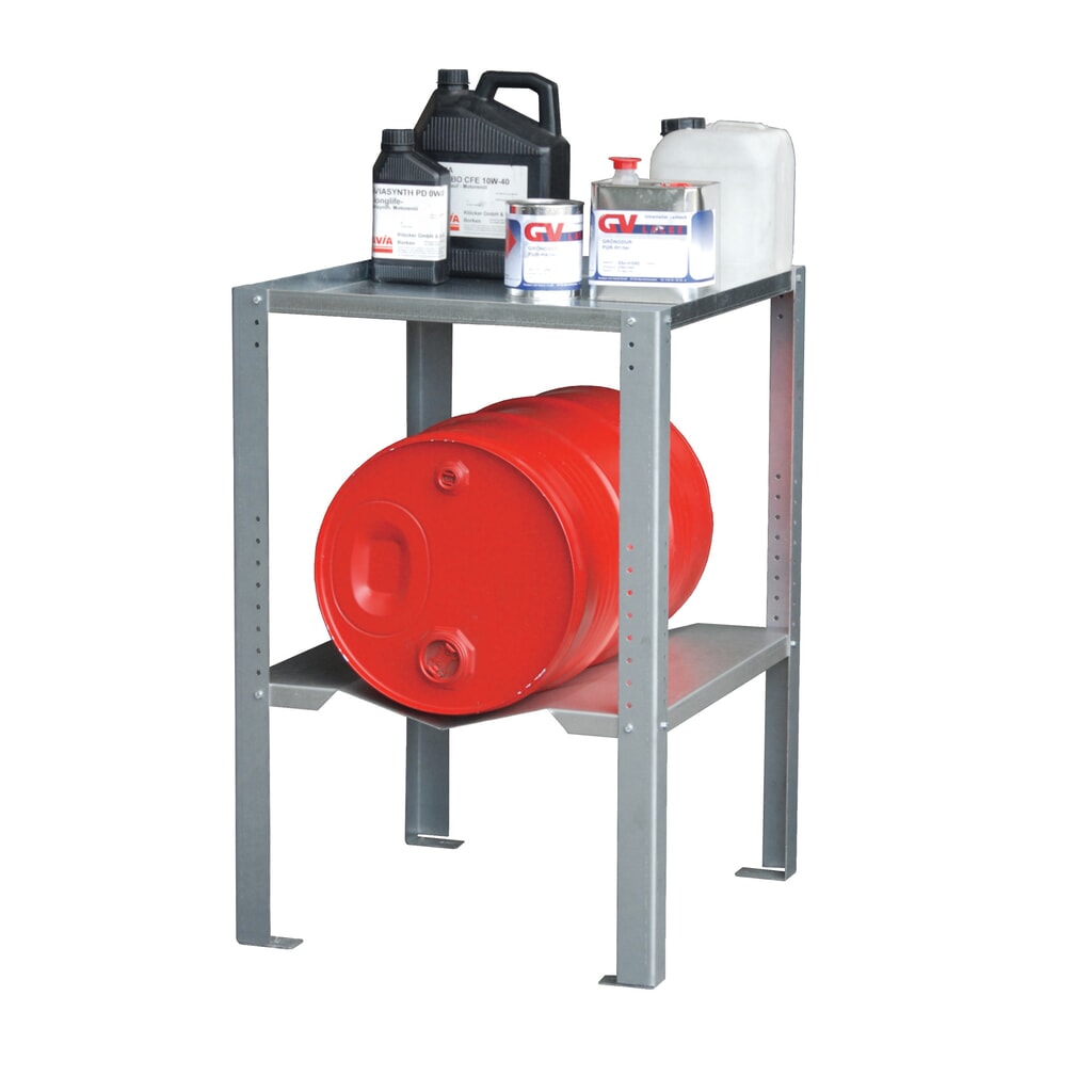 Estantería para cubas de contención, 1 soporte para bidones de 60 l, 1 estante Imagen del producto: Estantería para cubas de contención, 1 soporte para bidones de 60 l, 1 estante