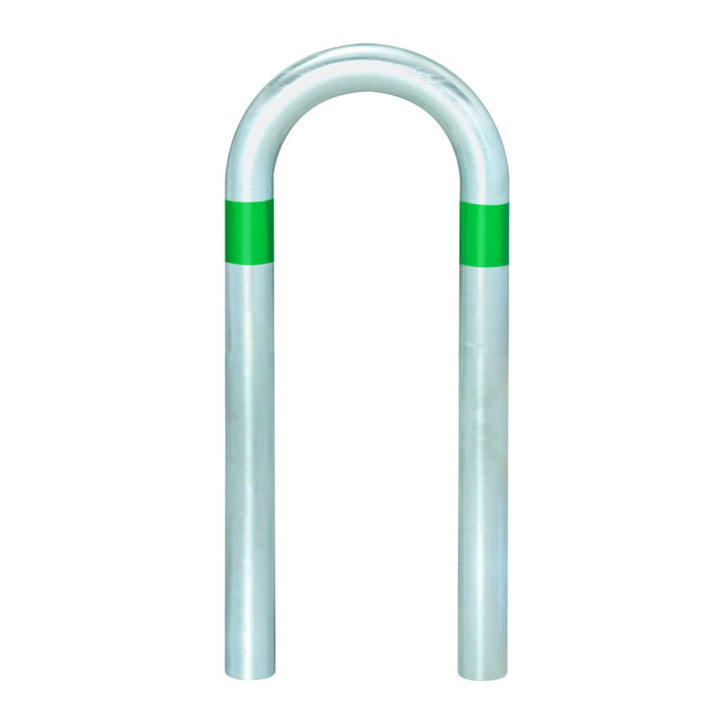 Barra protectora para estaciones de carga, Ø 60 mm, ancho x alto 360 x 500 mm, para engaste en hormigón, anillos reflectantes verdes Imagen del producto: Barra protectora para estaciones de carga, Ø 60 mm, ancho x alto 360 x 500 mm, para engaste en hormigón, anillos reflectantes verdes