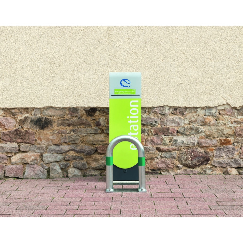 Número de imagen del producto 3: Barra protectora para estaciones de carga, Ø 60 mm, ancho x alto 360 x 500 mm, para engaste en hormigón, anillos reflectantes azules