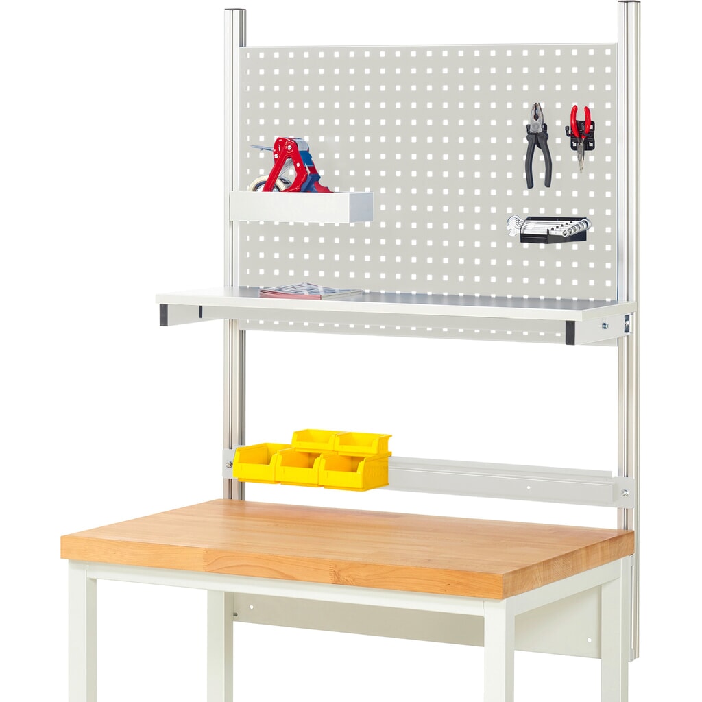 Imagen del producto: Estructura de banco de trabajo RAU, HxAxF 1.130 x 1.000 x 350 mm, con 1 estante elevado de panel con revestimiento de melamina y 1 guía de soporte, kit completo 01 para ancho de producto 1.000 mm
