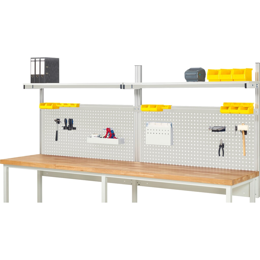 Estructura de banco de trabajo RAU, HxAxF 1.130 x 3.000 x 350 mm, con 2 estantes elevados de panel con revestimiento de melamina y 2 guía de soporte, kit completo 01 para ancho de producto 3.000 mm Imagen del producto: Estructura de banco de trabajo RAU, HxAxF 1.130 x 3.000 x 350 mm, con 2 estantes elevados de panel con revestimiento de melamina y 2 guía de soporte, kit completo 01 para ancho de producto 3.000 mm