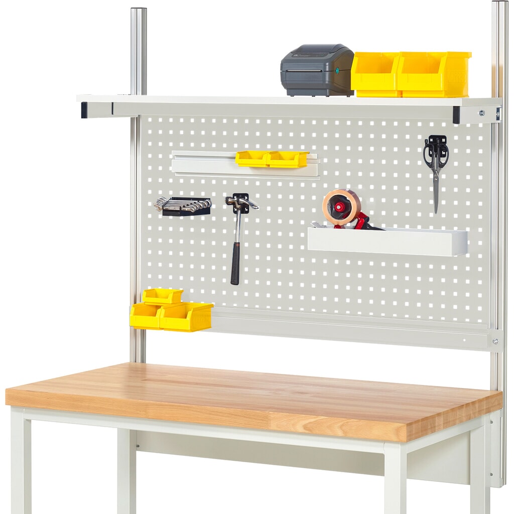 Estructura de banco de trabajo RAU, HxAxF 1.130 x 1.250 x 350 mm, con 1 estante elevado de panel con revestimiento de melamina y 1 guía de soporte, kit completo 01 para ancho de producto 1.250 mm Imagen del producto: Estructura de banco de trabajo RAU, HxAxF 1.130 x 1.250 x 350 mm, con 1 estante elevado de panel con revestimiento de melamina y 1 guía de soporte, kit completo 01 para ancho de producto 1.250 mm