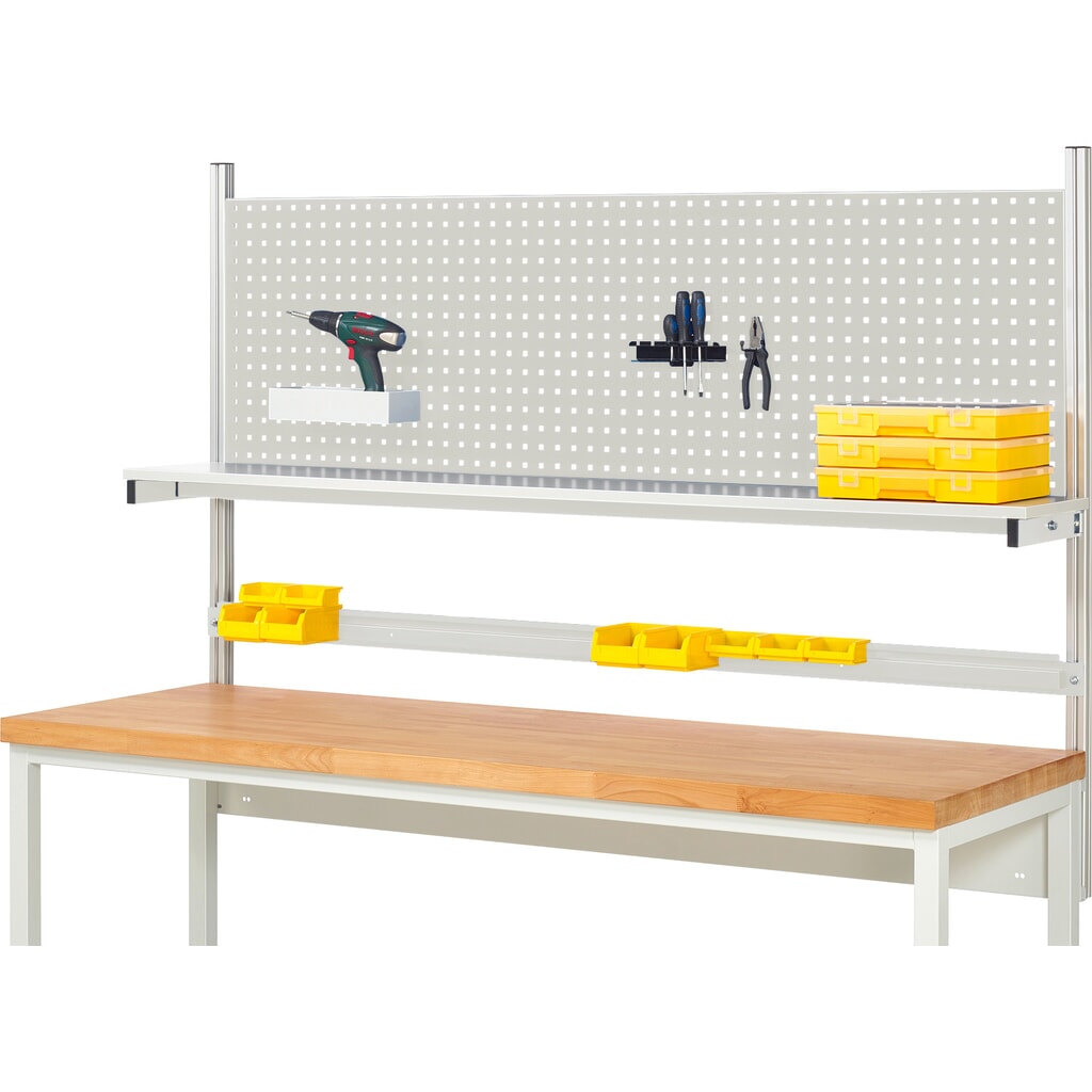Imagen del producto: Estructura de banco de trabajo RAU, HxAxF 1.130 x 2.000 x 350 mm, con 1 estante elevado de panel con revestimiento de melamina y 1 guía de soporte, kit completo 01 para ancho de producto 2.000 mm