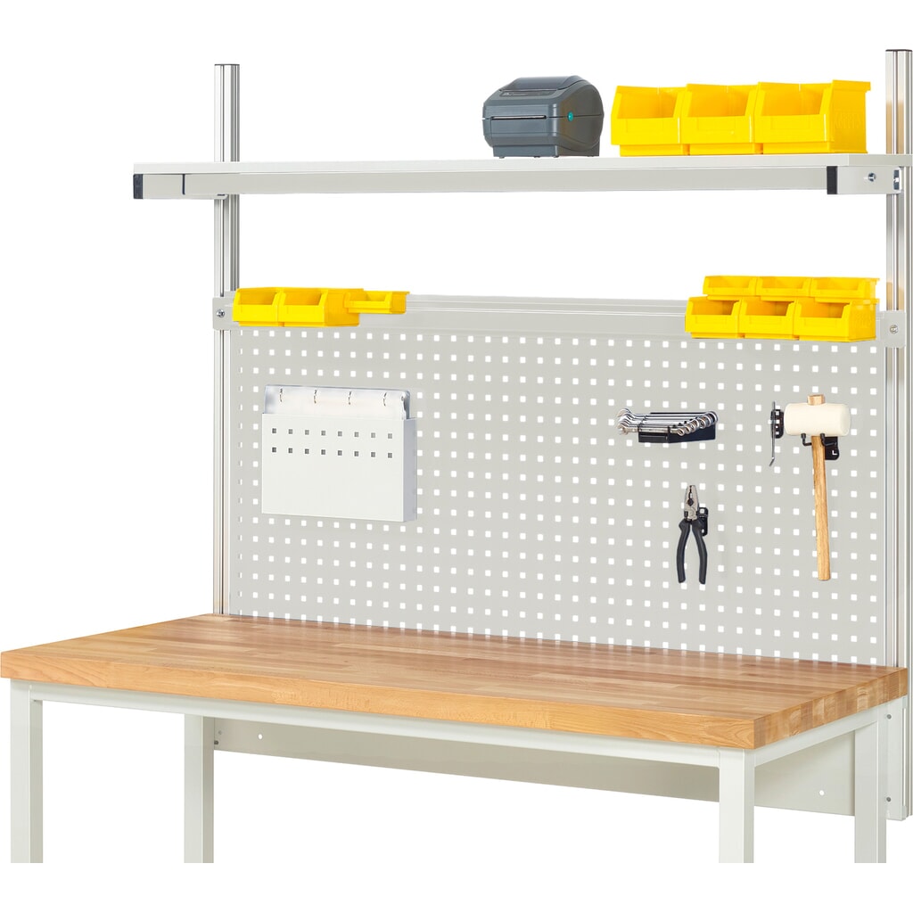 Imagen del producto: Estructura de banco de trabajo RAU, HxAxF 1.130 x 1.500 x 350 mm, con 1 estante elevado de panel con revestimiento de melamina y 1 guía de soporte, kit completo 01 para ancho de producto 1.500 mm