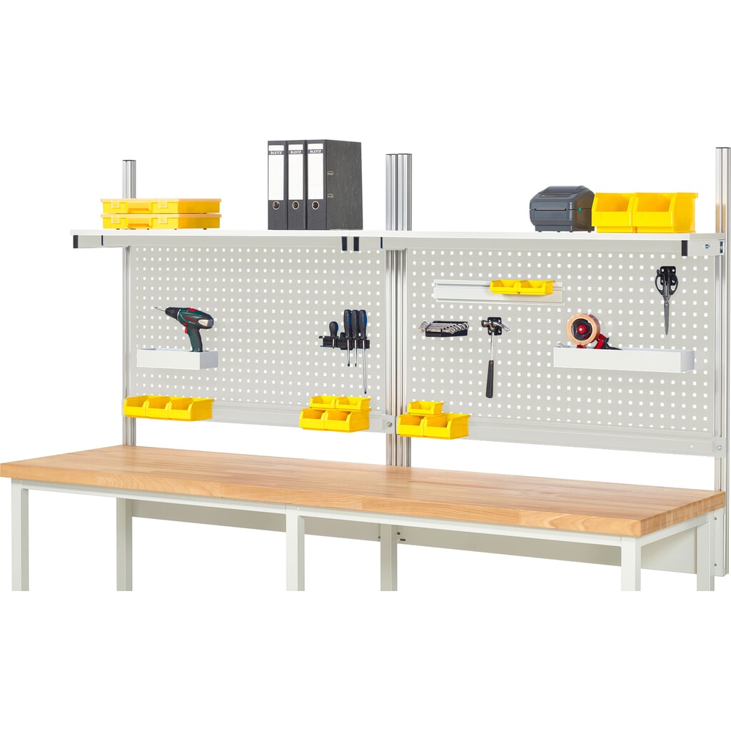 Imagen del producto: Estructura de banco de trabajo RAU, HxAxF 1.130 x 2.500 x 350 mm, con 2 estantes elevados de panel con revestimiento de melamina y 2 guía de soporte, kit completo 01 para ancho de producto 2.500 mm