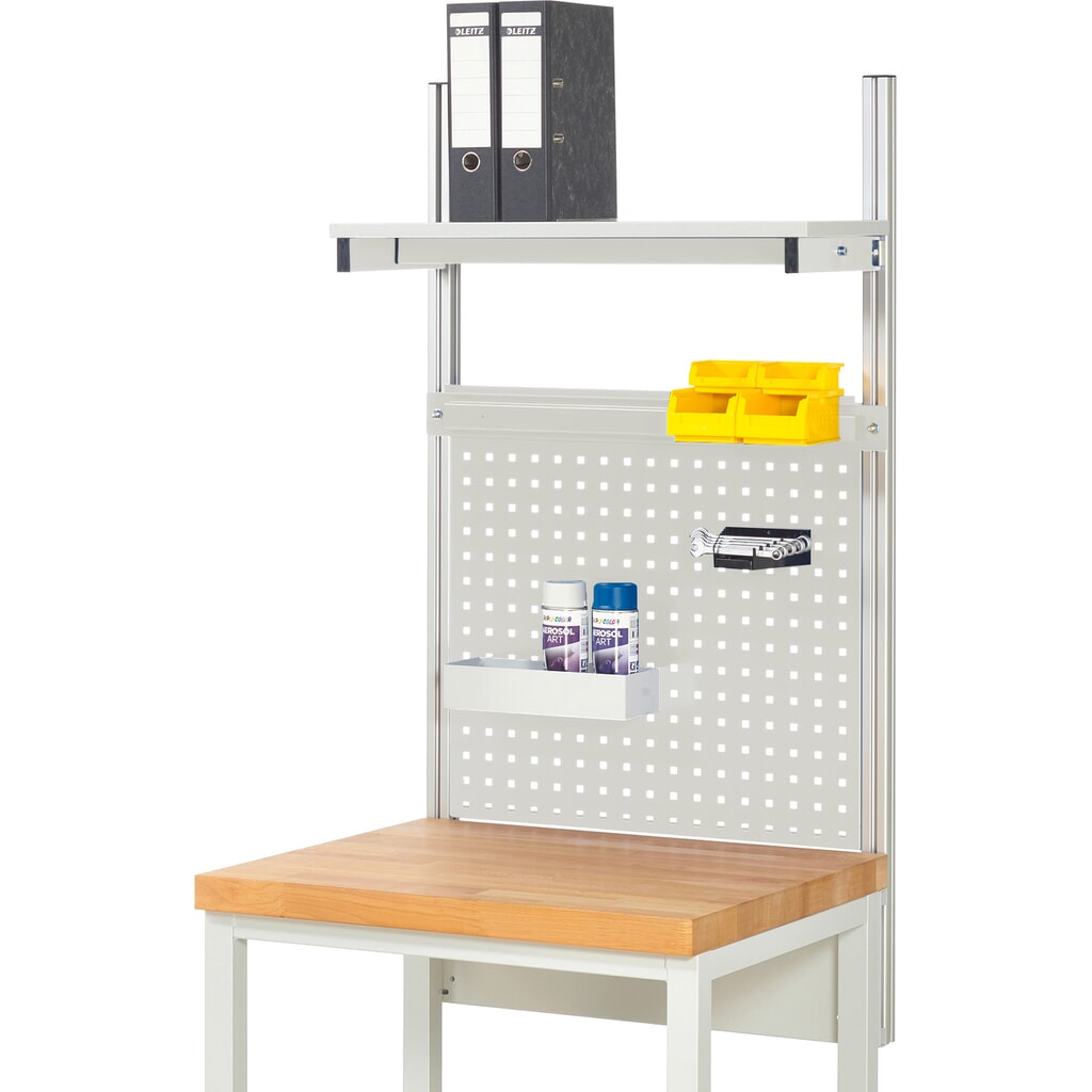 Estructura de banco de trabajo RAU, HxAxF 1.130 x 750 x 350 mm, con 1 estante elevado de panel con revestimiento de melamina y 1 guía de soporte, kit completo 01 para ancho de producto 750 mm Imagen del producto: Estructura de banco de trabajo RAU, HxAxF 1.130 x 750 x 350 mm, con 1 estante elevado de panel con revestimiento de melamina y 1 guía de soporte, kit completo 01 para ancho de producto 750 mm