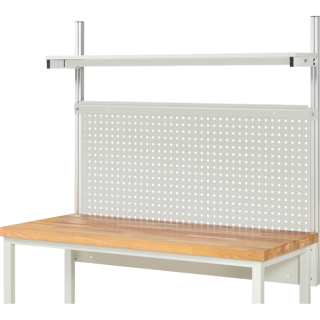 Estructura de banco de trabajo RAU, HxAxF 1.130 x 1.500 x 350 mm, con 1 estante elevado de panel con revestimiento de melamina y 1 guía de soporte, kit completo 01 para ancho de producto 1.500 mm Número de imagen del producto 2: Estructura de banco de trabajo RAU, HxAxF 1.130 x 1.500 x 350 mm, con 1 estante elevado de panel con revestimiento de melamina y 1 guía de soporte, kit completo 01 para ancho de producto 1.500 mm