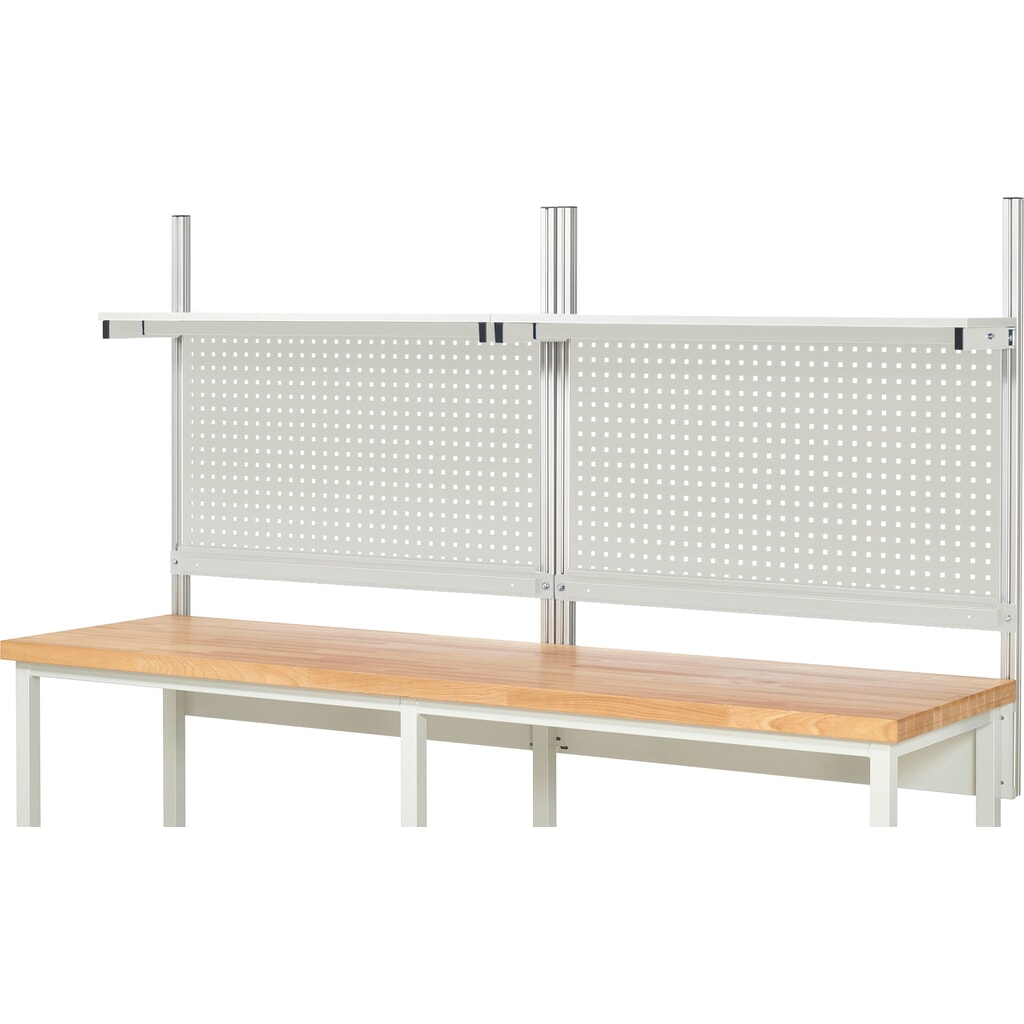Estructura de banco de trabajo RAU, HxAxF 1.130 x 2.500 x 350 mm, con 2 estantes elevados de panel con revestimiento de melamina y 2 guía de soporte, kit completo 01 para ancho de producto 2.500 mm Número de imagen del producto 2: Estructura de banco de trabajo RAU, HxAxF 1.130 x 2.500 x 350 mm, con 2 estantes elevados de panel con revestimiento de melamina y 2 guía de soporte, kit completo 01 para ancho de producto 2.500 mm