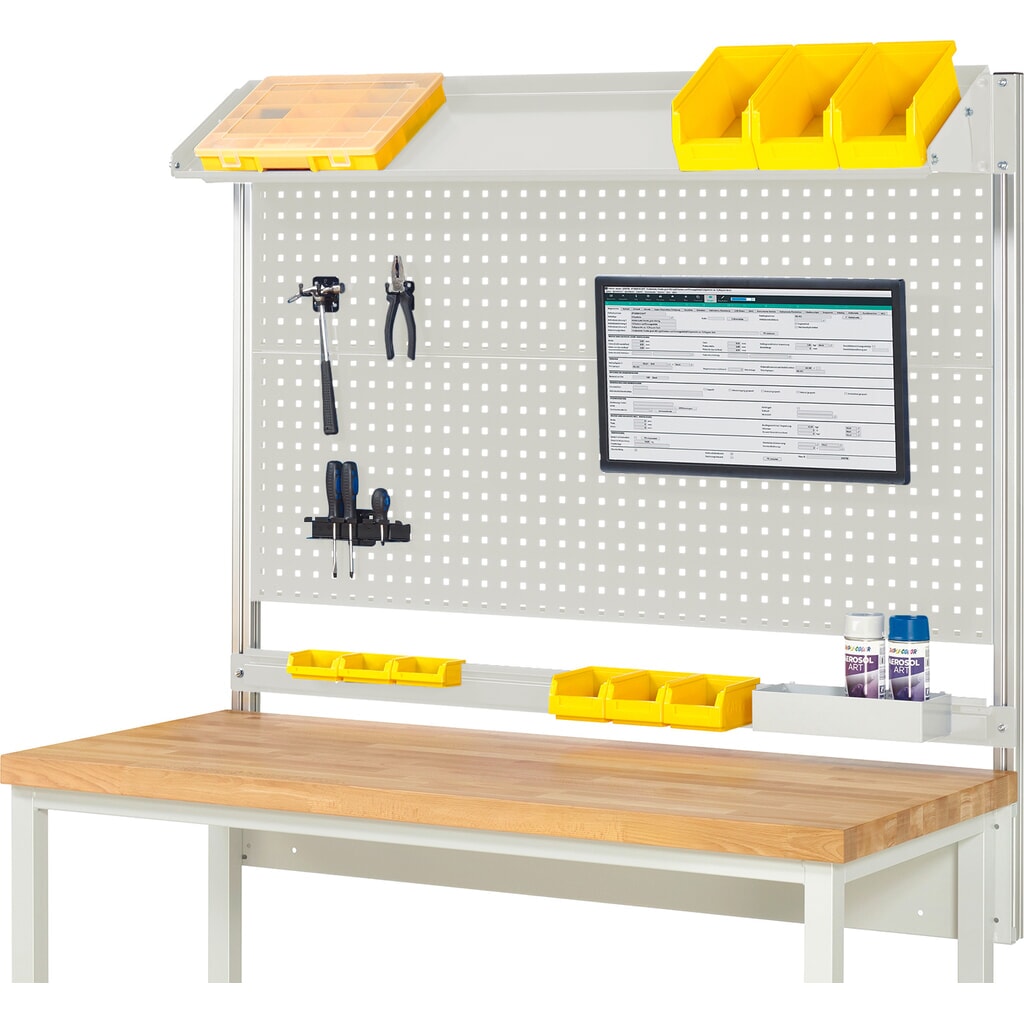 Estructura banco de trabajo RAU, H x A x F 1.130 x 1.500 x 350 mm, con 1 bandeja metálica inclinable, 1 guía de soporte y 1 soporte de pantalla plana, kit completo 02 para anchura de productos de 1.500 mm Imagen del producto: Estructura banco de trabajo RAU, H x A x F 1.130 x 1.500 x 350 mm, con 1 bandeja metálica inclinable, 1 guía de soporte y 1 soporte de pantalla plana, kit completo 02 para anchura de productos de 1.500 mm
