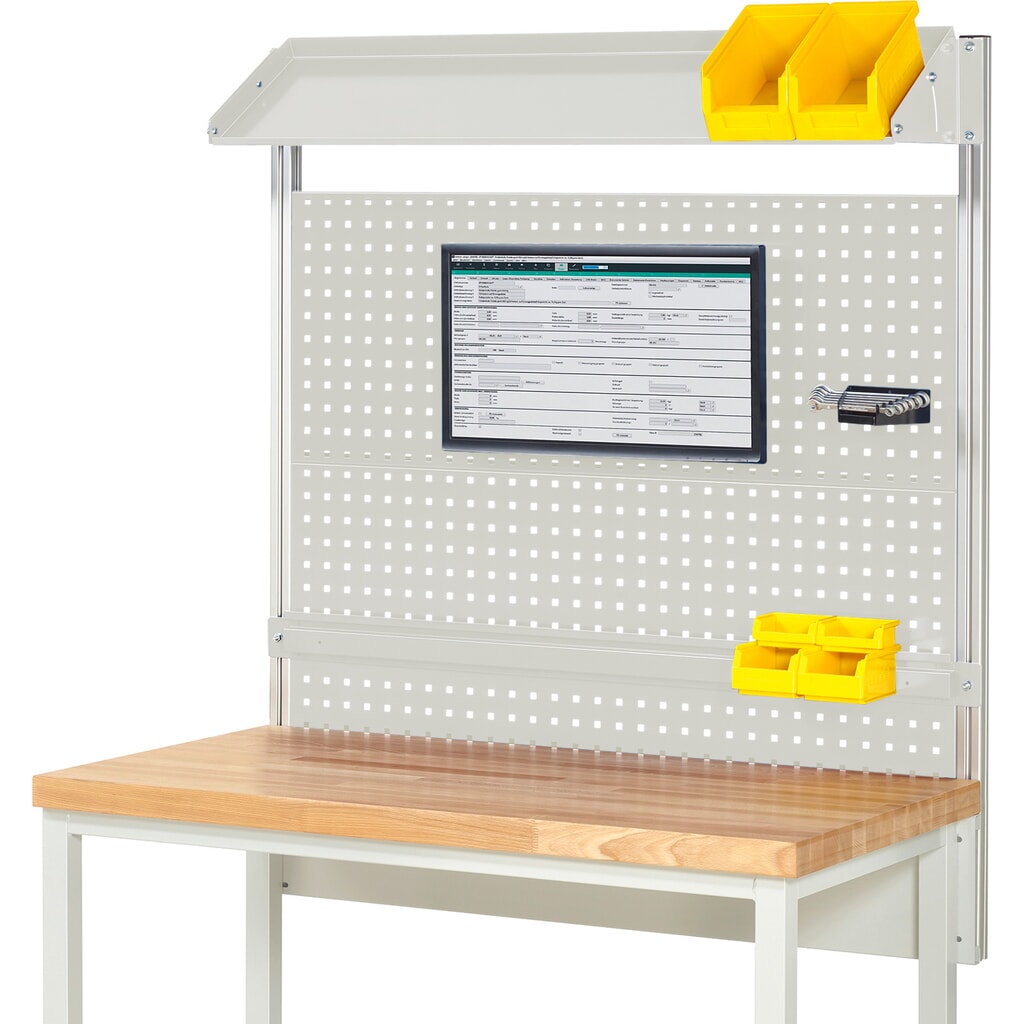 Estructura banco de trabajo RAU, H x A x F 1.130 x 1.250 x 350 mm, con 1 bandeja metálica inclinable, 1 guía de soporte y 1 soporte de pantalla plana, kit completo 02 para anchura de productos de 1.250 mm Imagen del producto: Estructura banco de trabajo RAU, H x A x F 1.130 x 1.250 x 350 mm, con 1 bandeja metálica inclinable, 1 guía de soporte y 1 soporte de pantalla plana, kit completo 02 para anchura de productos de 1.250 mm