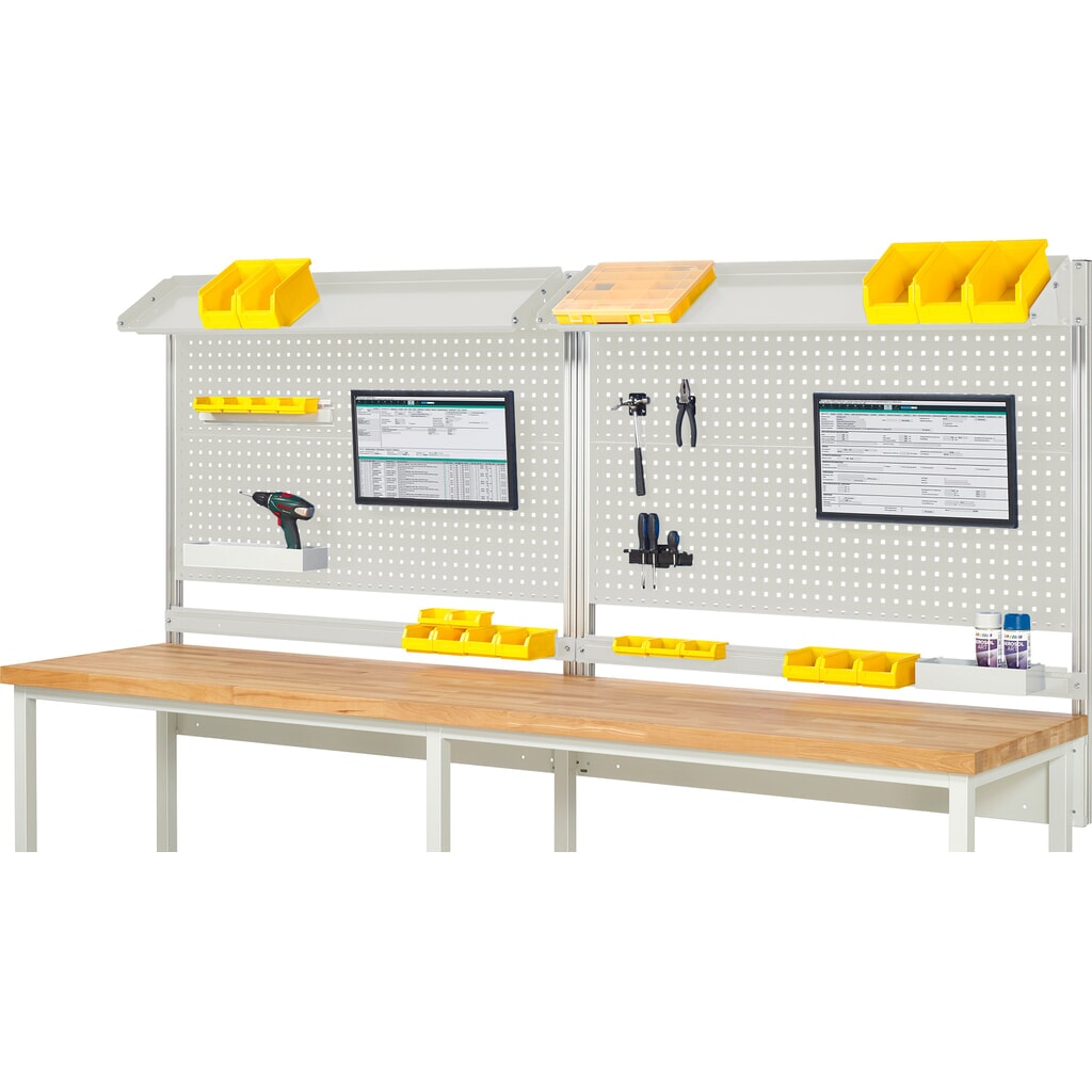 Imagen del producto: Estructura banco de trabajo RAU, H x A x F 1.130 x 3.000 x 350 mm, con 2 bandejas metálicas inclinables, 2 guías de soporte y 2 soportes de pantalla plana, kit completo 02 para anchura de productos de 3.000 mm