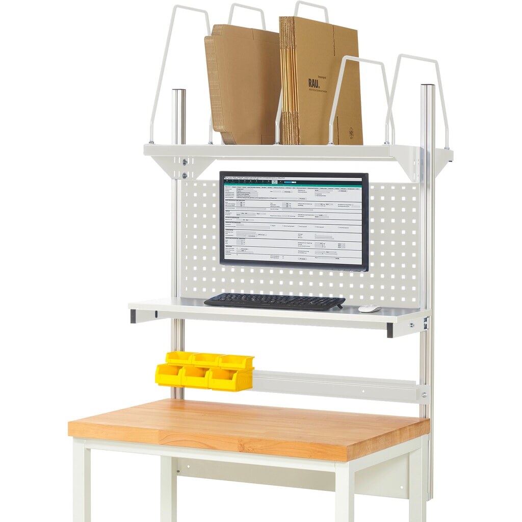 Imagen del producto: Estructura banco de trabajo RAU, H x A x F 1.130 x 1.000 x 350 mm, con 1 estante elevado, 1 guía de soporte y 1 soporte de pantalla plana, kit completo 03 para anchura de productos de 1.000 mm