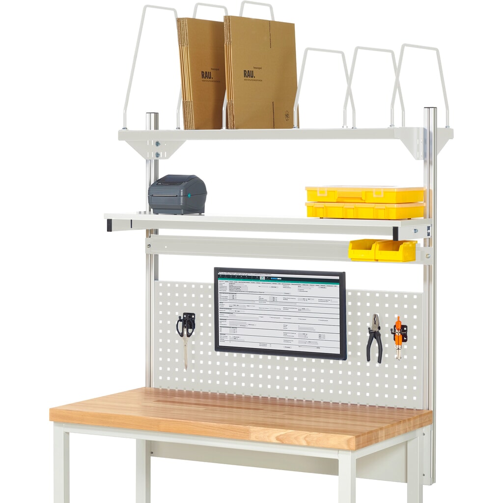 Imagen del producto: Estructura banco de trabajo RAU, H x A x F 1.130 x 1.250 x 350 mm, con 1 estante elevado, 1 guía de soporte y 1 soporte de pantalla plana, kit completo 03 para anchura de productos de 1.250 mm