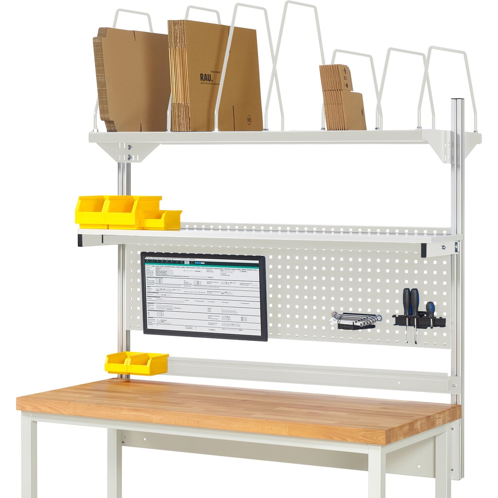Estructura banco de trabajo RAU, H x A x F 1.130 x 1.500 x 350 mm, con 1 estante elevado, 1 guía de soporte y 1 soporte de pantalla plana, kit completo 03 para anchura de productos de 2.000 mm Imagen del producto: Estructura banco de trabajo RAU, H x A x F 1.130 x 1.500 x 350 mm, con 1 estante elevado, 1 guía de soporte y 1 soporte de pantalla plana, kit completo 03 para anchura de productos de 2.000 mm