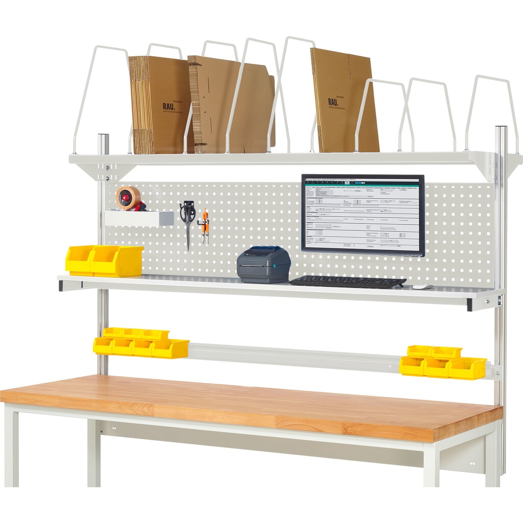 Estructura banco de trabajo RAU, H x A x F 1.130 x 2.000 x 350 mm, con 1 estante elevado, 1 guía de soporte y 1 soporte de pantalla plana, kit completo 03 para anchura de productos de 1.500 mm Imagen del producto: Estructura banco de trabajo RAU, H x A x F 1.130 x 2.000 x 350 mm, con 1 estante elevado, 1 guía de soporte y 1 soporte de pantalla plana, kit completo 03 para anchura de productos de 1.500 mm