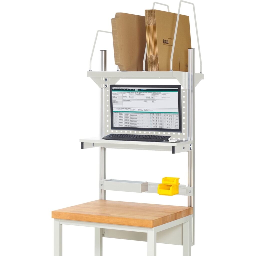 Estructura banco de trabajo RAU, H x A x F 1.130 x 750 x 350 mm, con 1 estante elevado, 1 guía de soporte y 1 soporte de pantalla plana, kit completo 03 para anchura de productos de 750 mm Imagen del producto: Estructura banco de trabajo RAU, H x A x F 1.130 x 750 x 350 mm, con 1 estante elevado, 1 guía de soporte y 1 soporte de pantalla plana, kit completo 03 para anchura de productos de 750 mm
