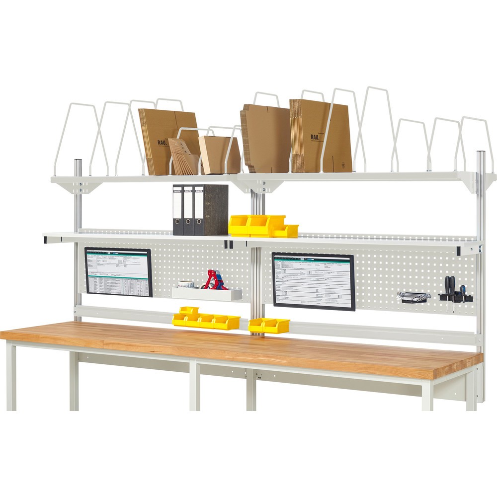 Imagen del producto: Estructura sistema RAU, H x A x F 1.130 x 3.000 x 350 mm, con 2 estantes elevados, 2 guías de soporte y 2 soportes de pantalla plana, kit completo 03 para anchura de productos de 3.000 mm