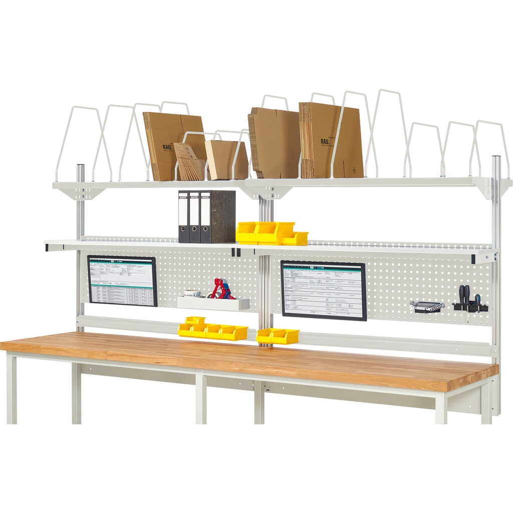 Imagen del producto: Estructura banco de trabajo RAU, H x A x F 1.130 x 3.000 x 350 mm, con 2 estantes elevados, 2 guías de soporte y 2 soportes de pantalla plana, kit completo 03 para anchura de productos de 3.000 mm