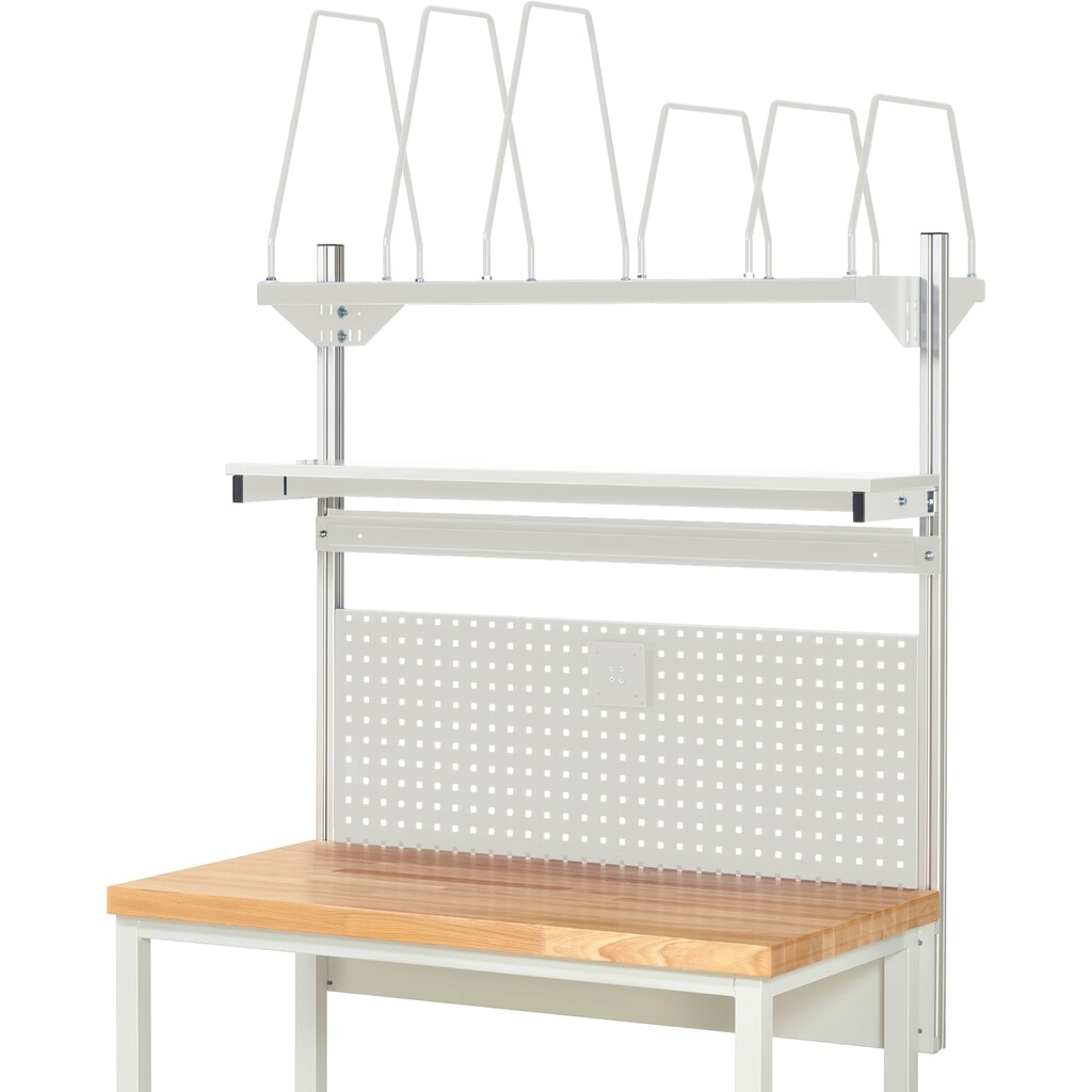 Estructura banco de trabajo RAU, H x A x F 1.130 x 1.250 x 350 mm, con 1 estante elevado, 1 guía de soporte y 1 soporte de pantalla plana, kit completo 03 para anchura de productos de 1.250 mm Número de imagen del producto 2: Estructura banco de trabajo RAU, H x A x F 1.130 x 1.250 x 350 mm, con 1 estante elevado, 1 guía de soporte y 1 soporte de pantalla plana, kit completo 03 para anchura de productos de 1.250 mm