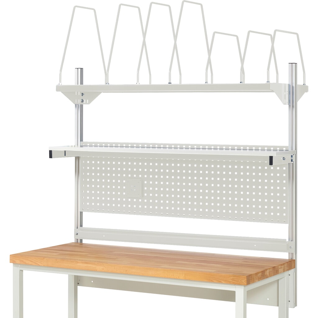 Estructura banco de trabajo RAU, H x A x F 1.130 x 1.500 x 350 mm, con 1 estante elevado, 1 guía de soporte y 1 soporte de pantalla plana, kit completo 03 para anchura de productos de 2.000 mm Número de imagen del producto 2: Estructura banco de trabajo RAU, H x A x F 1.130 x 1.500 x 350 mm, con 1 estante elevado, 1 guía de soporte y 1 soporte de pantalla plana, kit completo 03 para anchura de productos de 2.000 mm