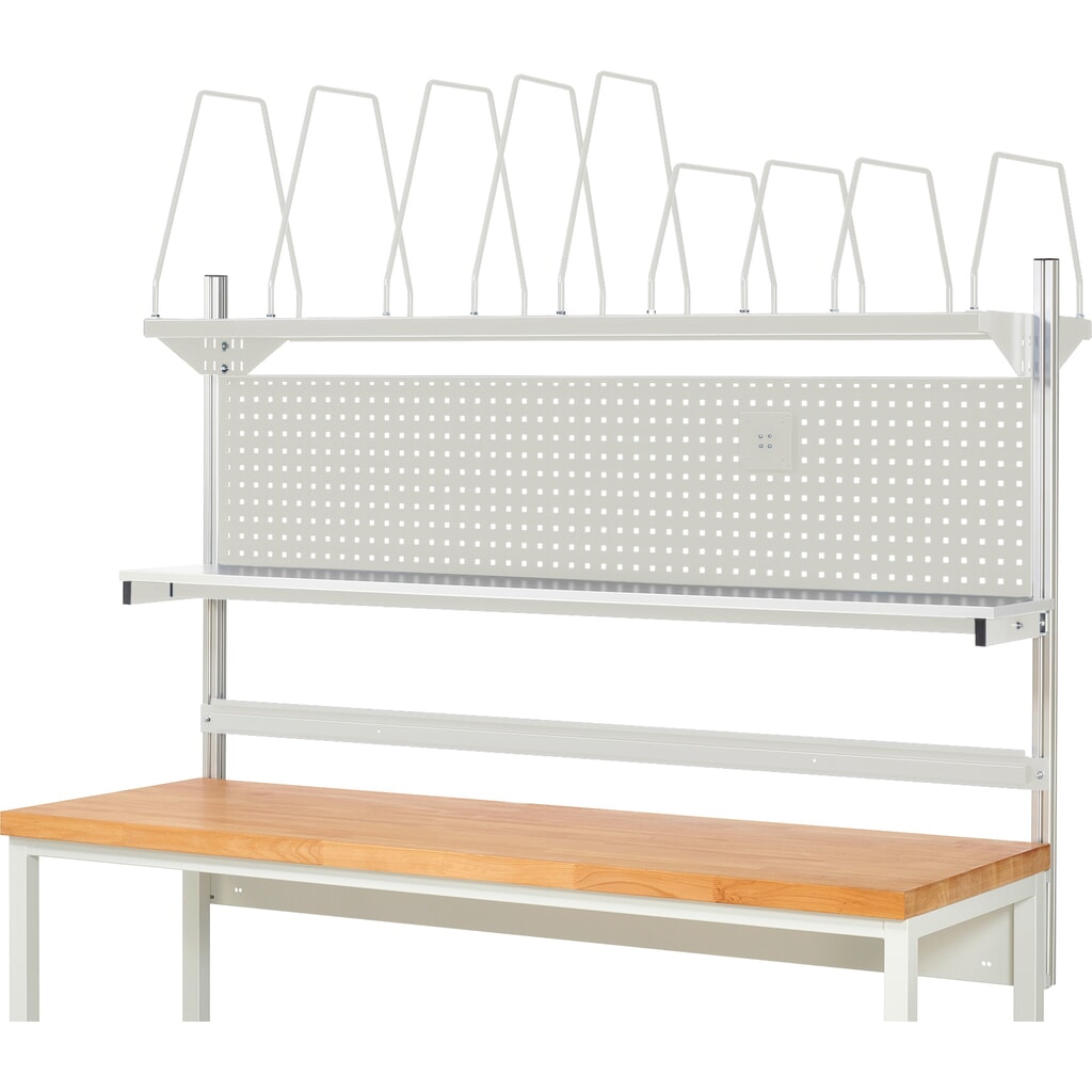 Estructura banco de trabajo RAU, H x A x F 1.130 x 2.000 x 350 mm, con 1 estante elevado, 1 guía de soporte y 1 soporte de pantalla plana, kit completo 03 para anchura de productos de 1.500 mm Número de imagen del producto 2: Estructura banco de trabajo RAU, H x A x F 1.130 x 2.000 x 350 mm, con 1 estante elevado, 1 guía de soporte y 1 soporte de pantalla plana, kit completo 03 para anchura de productos de 1.500 mm