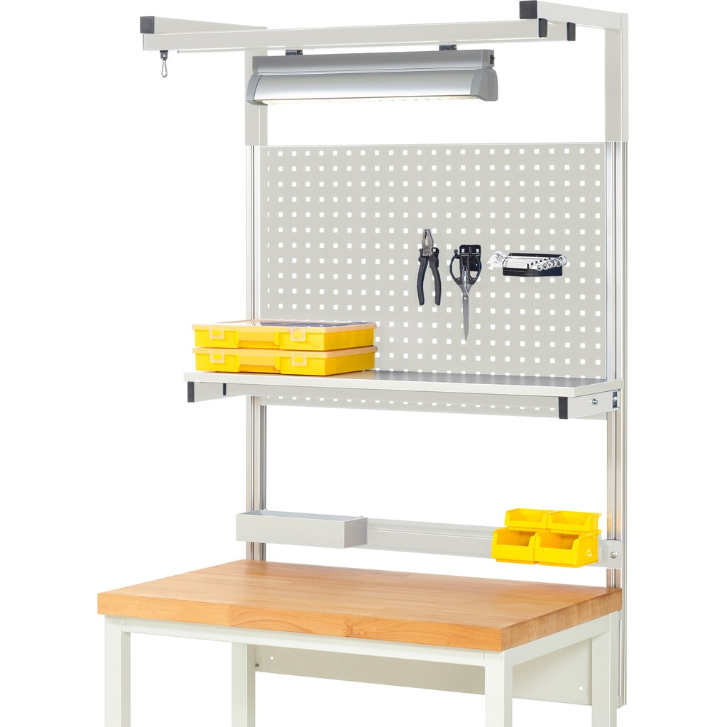 Imagen del producto: Estructura banco de trabajo RAU, H x A x F 1.380 x 1.000 x 350 mm, con 1 estante elevado, 1 guía de soporte y 1 par de brazos salientes y 1 luz, kit completo 04 para anchura de productos de 1.000 mm
