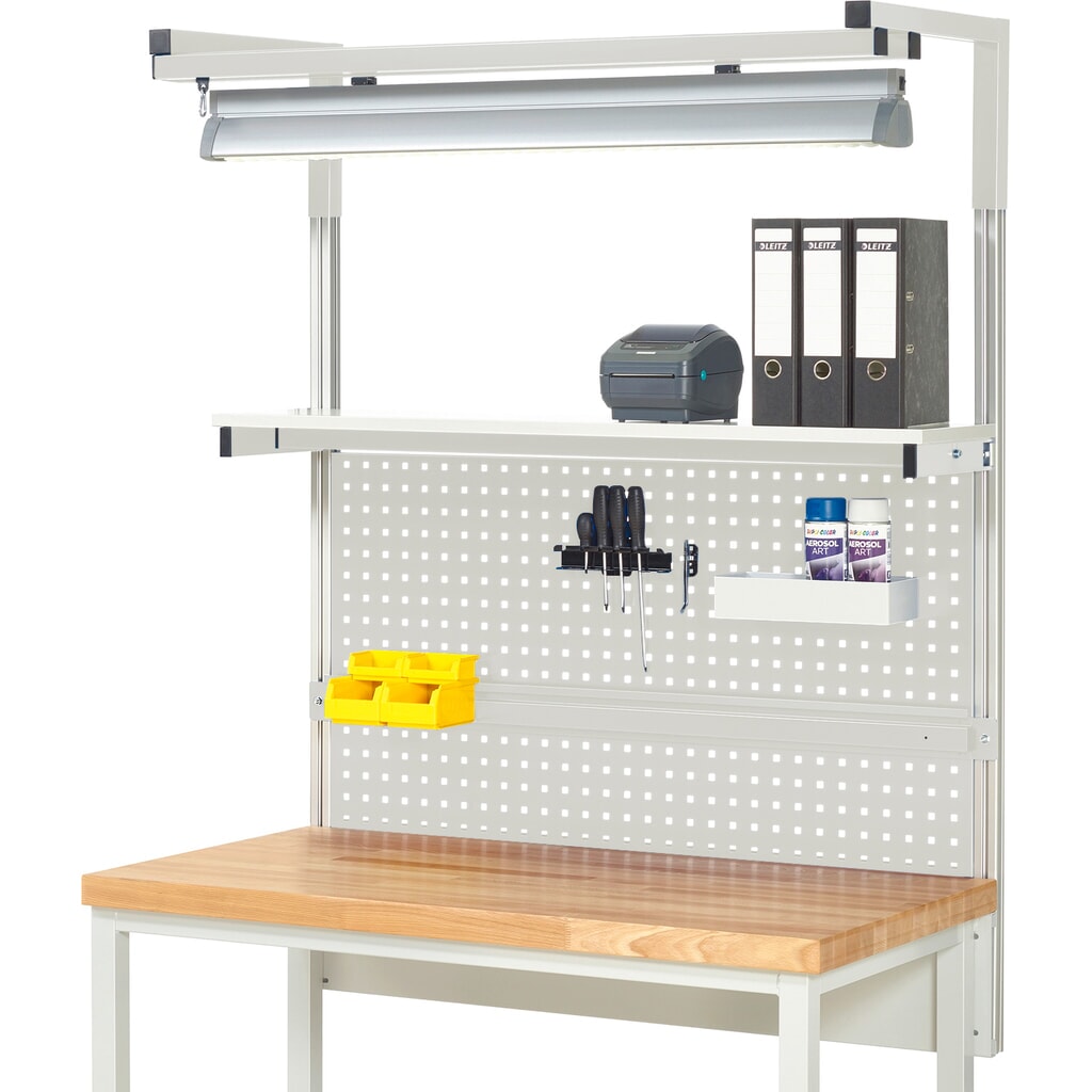 Estructura banco de trabajo RAU, H x A x F 1.380 x 1.250 x 350 mm, con 1 estante elevado, 1 guía de soporte y 1 par de brazos salientes y 1 luz, kit completo 04 para anchura de productos de 1.250 mm Imagen del producto: Estructura banco de trabajo RAU, H x A x F 1.380 x 1.250 x 350 mm, con 1 estante elevado, 1 guía de soporte y 1 par de brazos salientes y 1 luz, kit completo 04 para anchura de productos de 1.250 mm