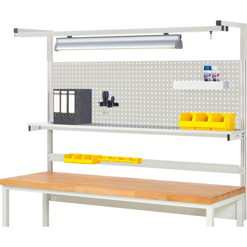 Estructura banco de trabajo RAU, H x A x F 1.380 x 2.000 x 350 mm, con 1 estante elevado, 1 guía de soporte y 1 par de brazos salientes y 1 luz, kit completo 04 para anchura de productos de 2.000 mm Imagen del producto: Estructura banco de trabajo RAU, H x A x F 1.380 x 2.000 x 350 mm, con 1 estante elevado, 1 guía de soporte y 1 par de brazos salientes y 1 luz, kit completo 04 para anchura de productos de 2.000 mm