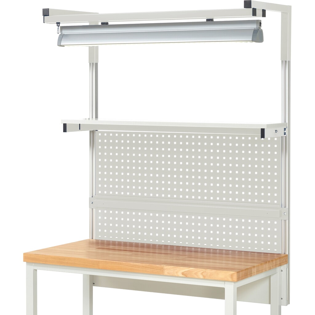 Estructura banco de trabajo RAU, H x A x F 1.380 x 1.250 x 350 mm, con 1 estante elevado, 1 guía de soporte y 1 par de brazos salientes y 1 luz, kit completo 04 para anchura de productos de 1.250 mm Número de imagen del producto 2: Estructura banco de trabajo RAU, H x A x F 1.380 x 1.250 x 350 mm, con 1 estante elevado, 1 guía de soporte y 1 par de brazos salientes y 1 luz, kit completo 04 para anchura de productos de 1.250 mm