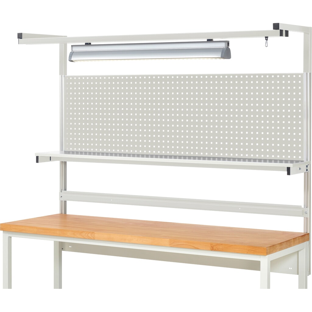Número de imagen del producto 2: Estructura banco de trabajo RAU, H x A x F 1.380 x 2.000 x 350 mm, con 1 estante elevado, 1 guía de soporte y 1 par de brazos salientes y 1 luz, kit completo 04 para anchura de productos de 2.000 mm